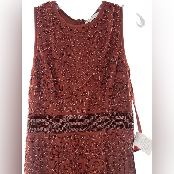 NWT Mac Duggal Brick Red Geometric Embellished Sleeveless A Line Dress 4 - Picture 5 of 9